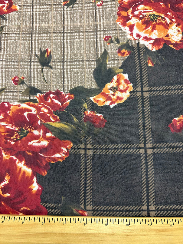 2 YD PC-Brown Plaid Floral Print Poly Chiffon Fabric