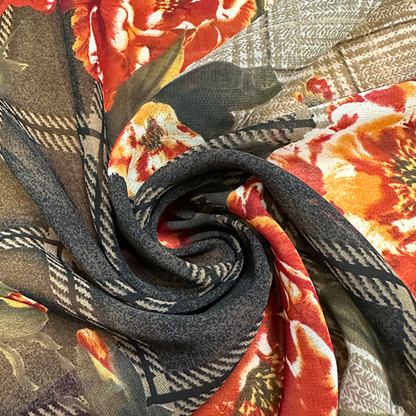 2 YD PC-Brown Plaid Floral Print Poly Chiffon Fabric