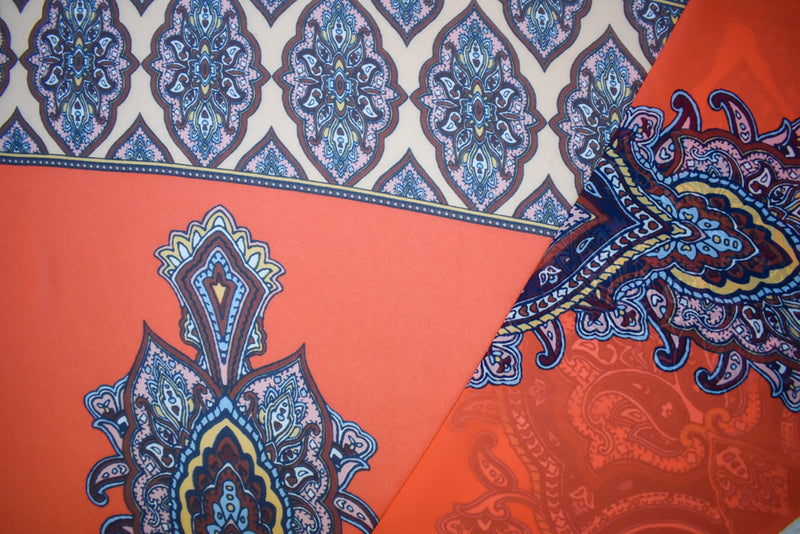 Red-Brown-Multi Poly Baroque Border Printed Chiffon Woven Fabric