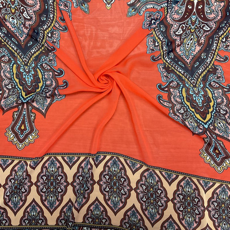Red-Brown-Multi Poly Baroque Border Printed Chiffon Woven Fabric