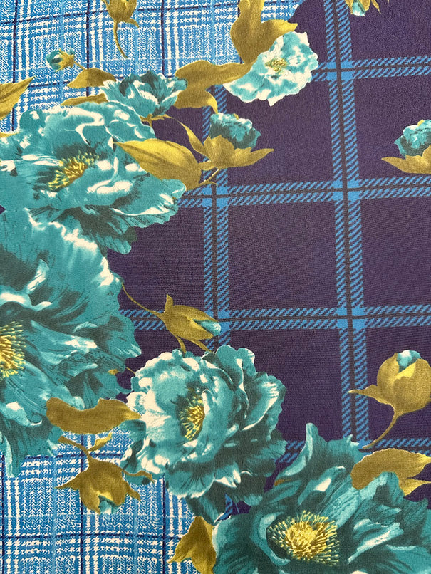 Blue Plaid Floral Print Poly Chiffon Fabric