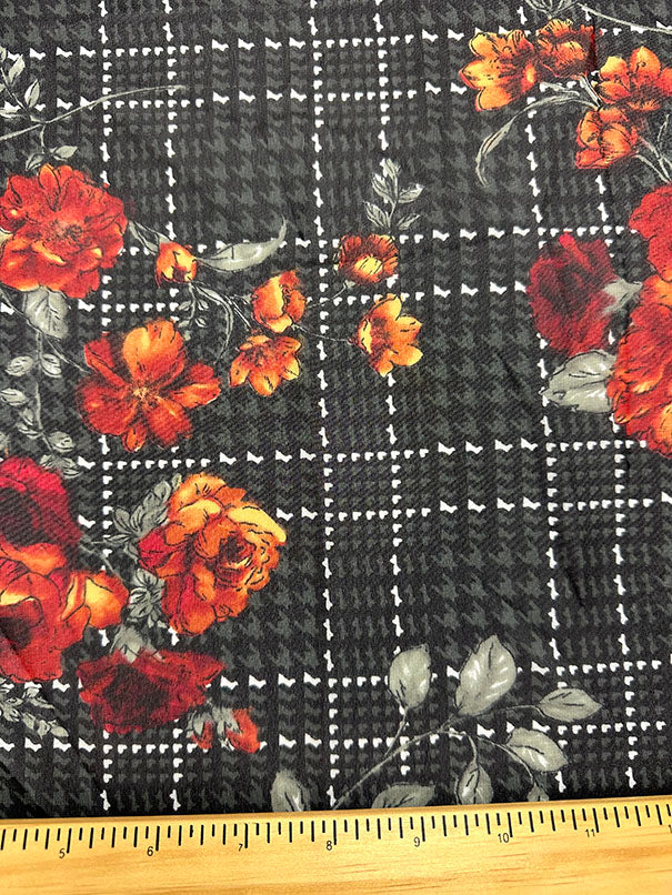 Rust Floral Plaid Print Poly Chiffon Fabric