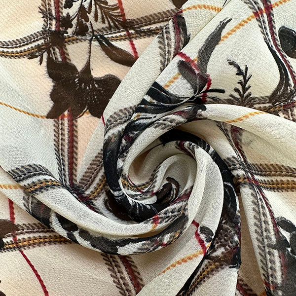 Black Plaid Ivory Silhouette Print Poly Chiffon Fabric