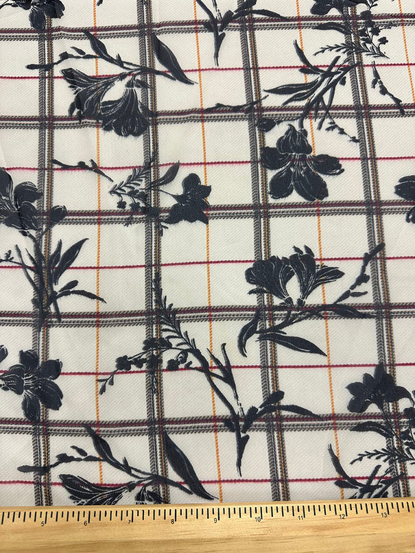 Black Plaid Ivory Silhouette Print Poly Chiffon Fabric