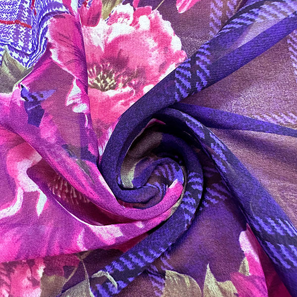 Purple Plaid Floral Print Poly Chiffon Fabric