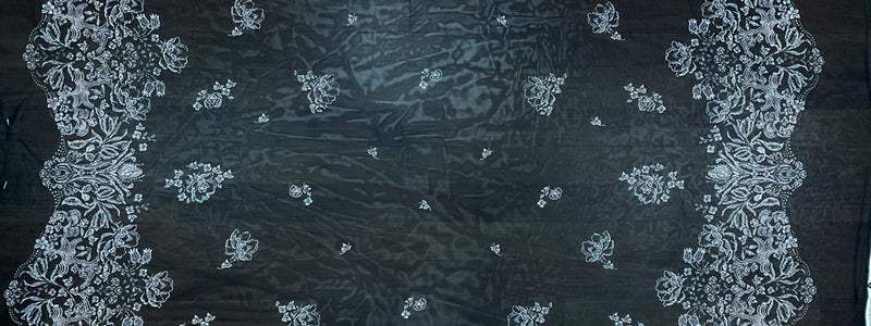 1 1/2 YD PC-Black-White Poly Floral Border Printed Chiffon Woven Fabric