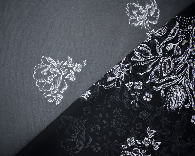 1 1/2 YD PC-Black-White Poly Floral Border Printed Chiffon Woven Fabric