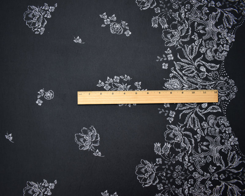 1 1/2 YD PC-Black-White Poly Floral Border Printed Chiffon Woven Fabric