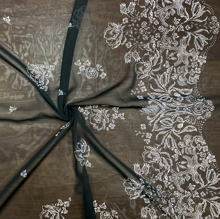 1 1/2 YD PC-Black-White Poly Floral Border Printed Chiffon Woven Fabric