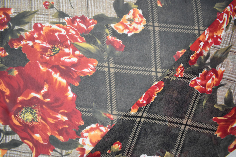 Beige-Red-Multi Poly Plaid Floral Printed Chiffon Woven Fabric