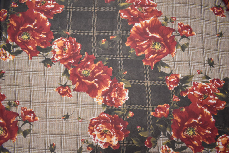 Beige-Red-Multi Poly Plaid Floral Printed Chiffon Woven Fabric