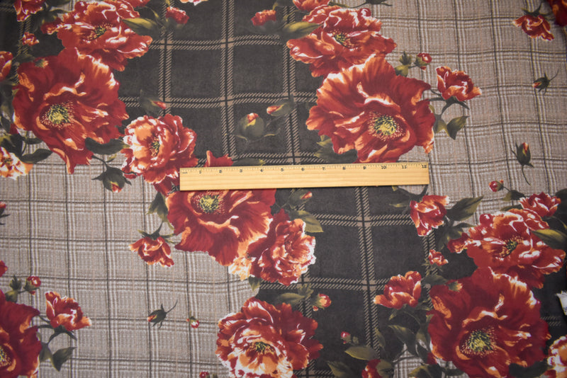 Beige-Red-Multi Poly Plaid Floral Printed Chiffon Woven Fabric