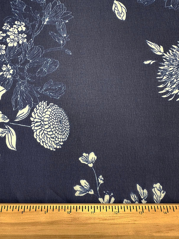 1 1/2 YD PC-Navy Blue and White Floral Print Poly Chiffon Fabric