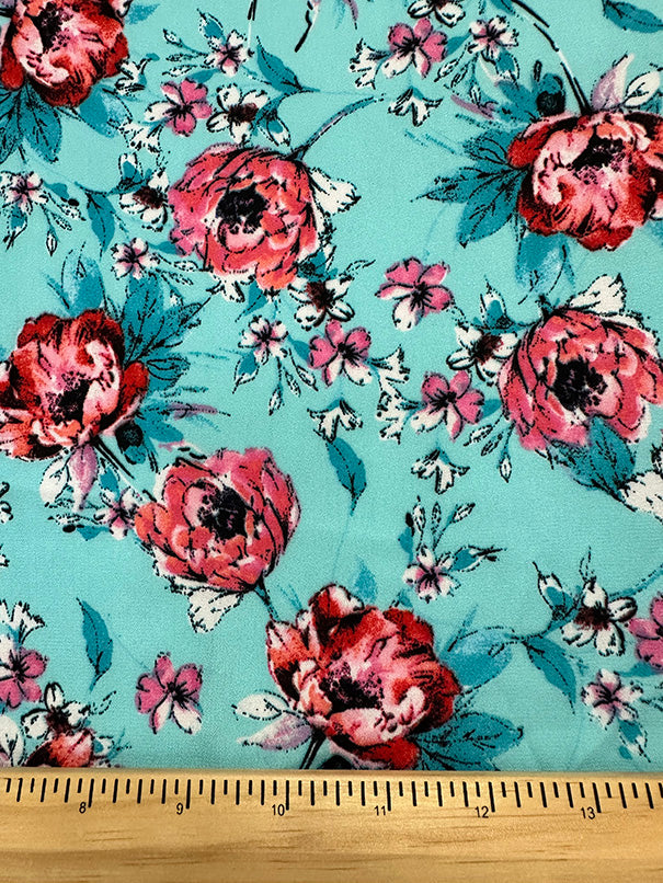 Mint Green Multi Floral Print Poly Georgette Fabric