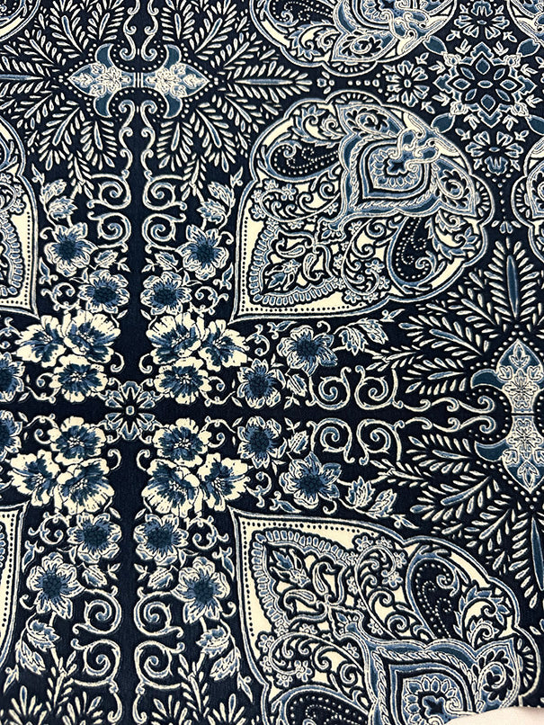 Blue Multi Paisley Print Poly Crepe de Chine Fabric