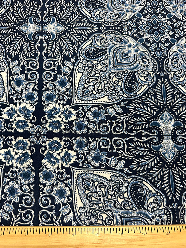 Blue Multi Paisley Print Poly Crepe de Chine Fabric