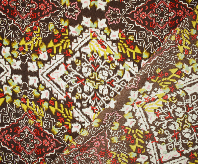 4 YD PC-Brown-White-Multi Poly Aztec Printed Crepe Momie Woven Fabric