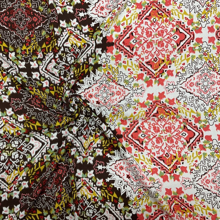 4 YD PC-Brown-White-Multi Poly Aztec Printed Crepe Momie Woven Fabric