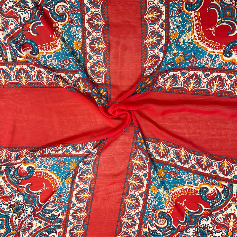 Red-Blue-Multi Poly Moroccan PANEL Border Printed Chiffon Woven Fabric