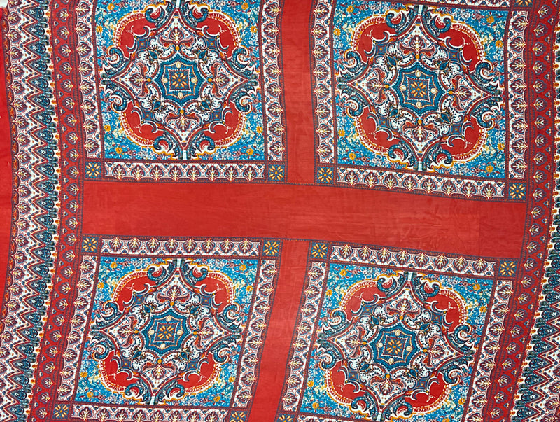 Red-Blue-Multi Poly Moroccan PANEL Border Printed Chiffon Woven Fabric