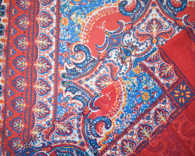 Red-Blue-Multi Poly Moroccan PANEL Border Printed Chiffon Woven Fabric