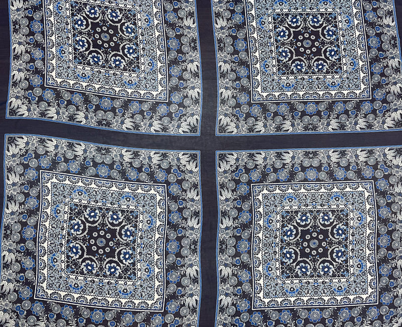 Blue-White Floral Moroccan Bandana PANEL Printed Chiffon Woven Fabric