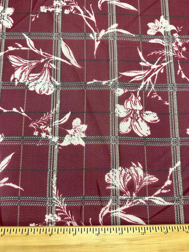 Red Plaid Ivory Silhouette Print Poly Chiffon Fabric
