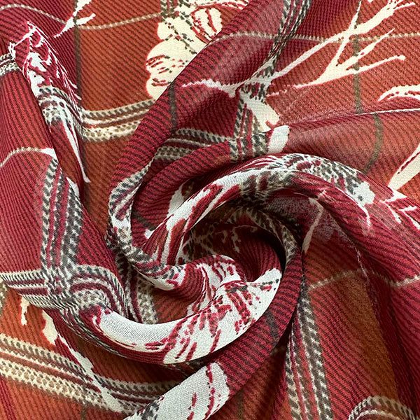 Red Plaid Ivory Silhouette Print Poly Chiffon Fabric