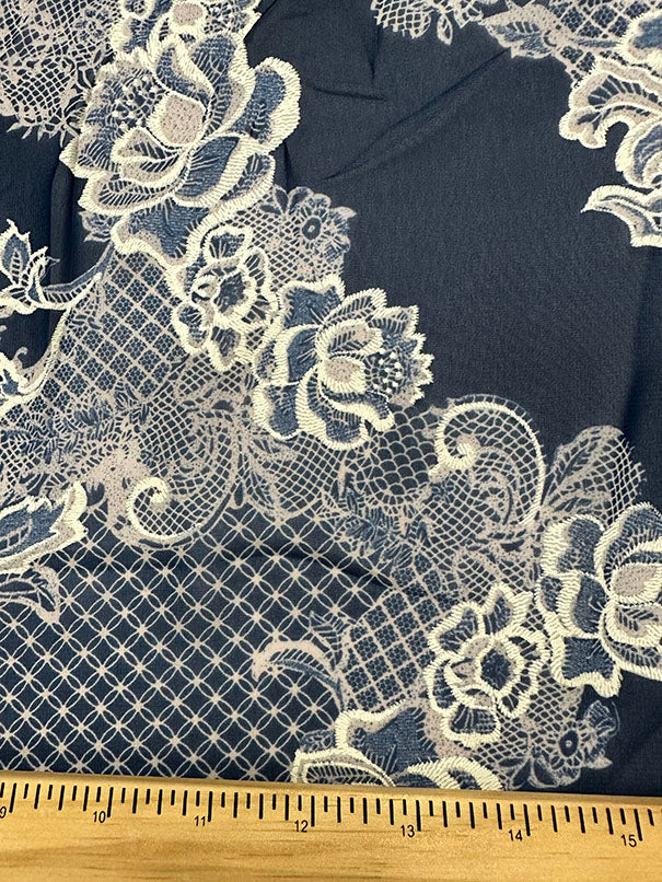Navy Blue Flocked Print Poly Chiffon Fabric