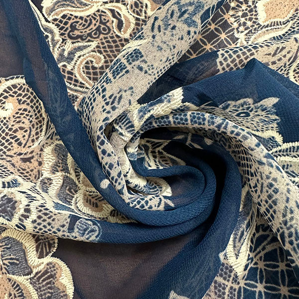 Navy Blue Flocked Print Poly Chiffon Fabric