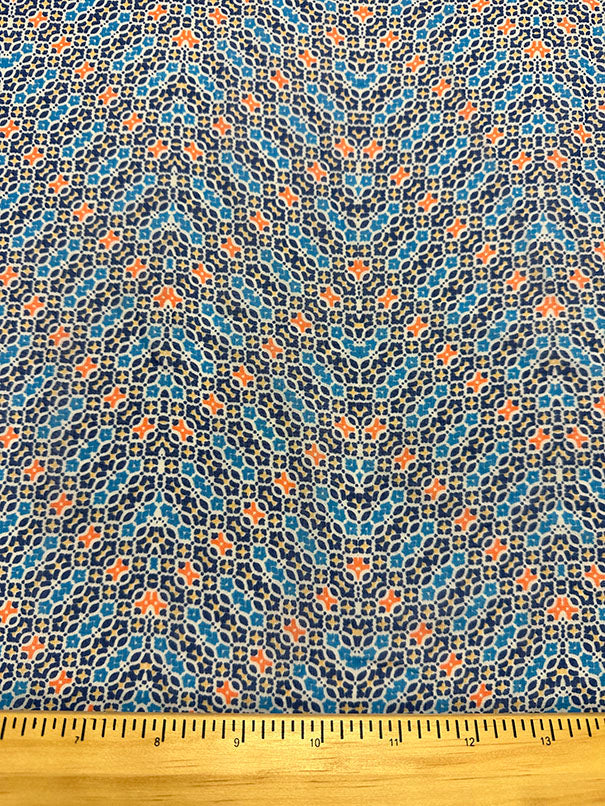 Blue Geometric Herringbone Poly Print Chiffon Fabric