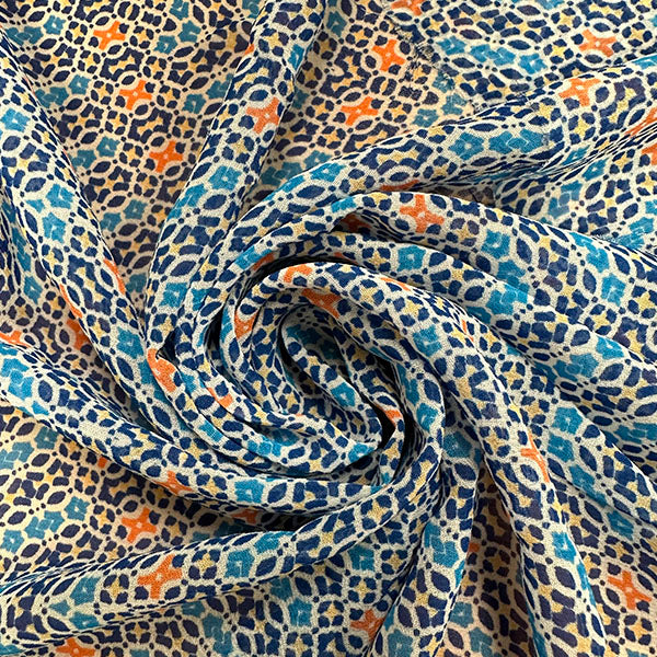 Blue Geometric Herringbone Poly Print Chiffon Fabric