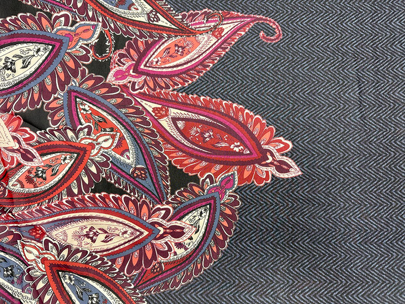 Navy Multi Herringbone Paisley Poly Border Print Chiffon Fabric