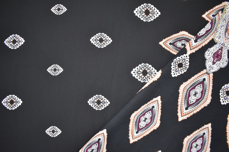 4 YD PC-Black-White-Multi Poly Diamond Paisely Border Printed Georgette Woven Fabric