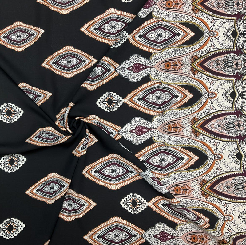 4 YD PC-Black-White-Multi Poly Diamond Paisely Border Printed Georgette Woven Fabric