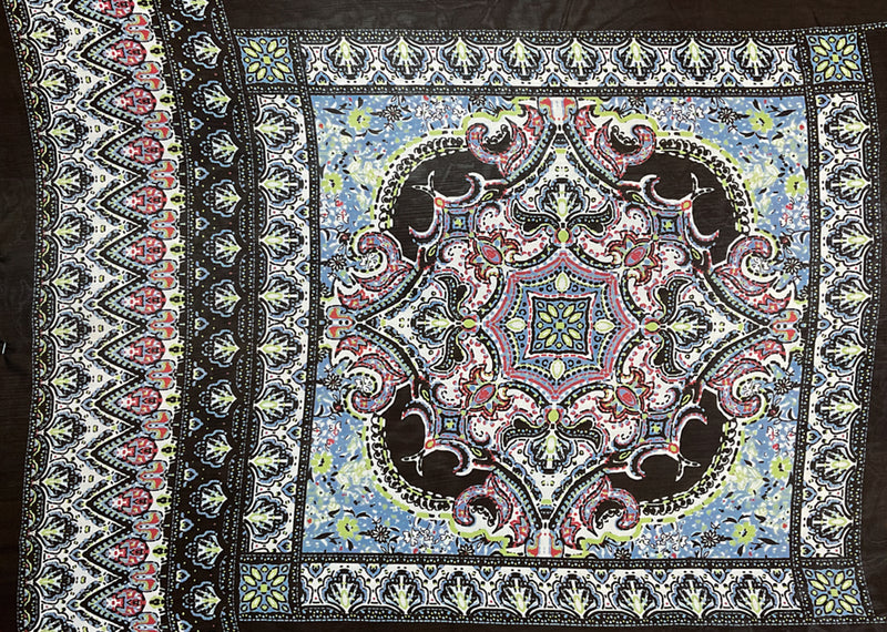 Black-Red-Multi Poly Moroccan Square Border Printed Chiffon Woven Fabric