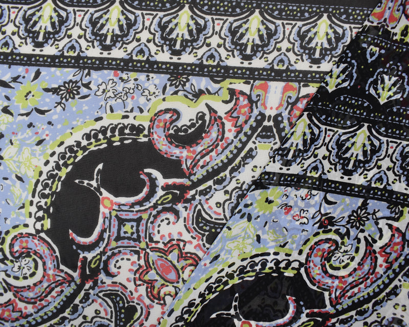 Black-Red-Multi Poly Moroccan Square Border Printed Chiffon Woven Fabric