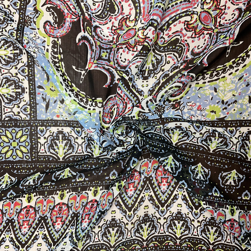 Black-Red-Multi Poly Moroccan Square Border Printed Chiffon Woven Fabric