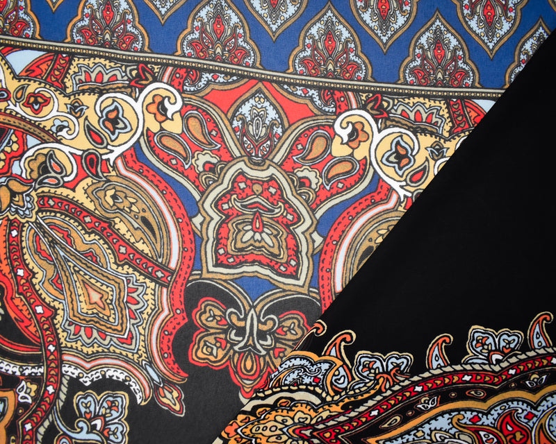 Black-Orange-Multi Poly Paisely Baroque Border Printed Chiffon Woven Fabric