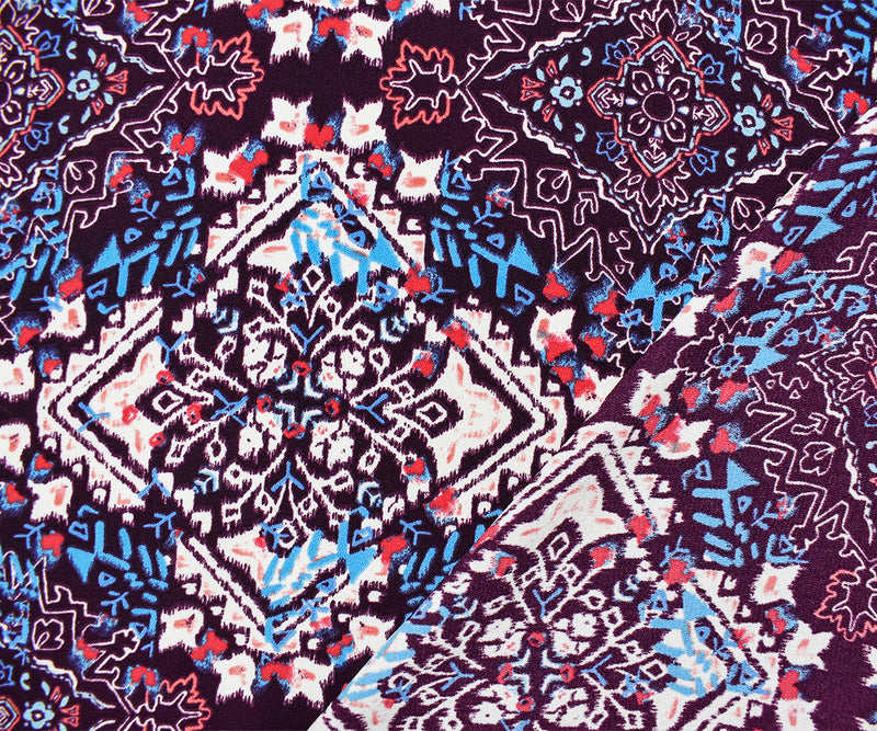 Purple-Turquoise-Multi Poly Diamond Aztec Printed Crepe Dobby Woven Fabric