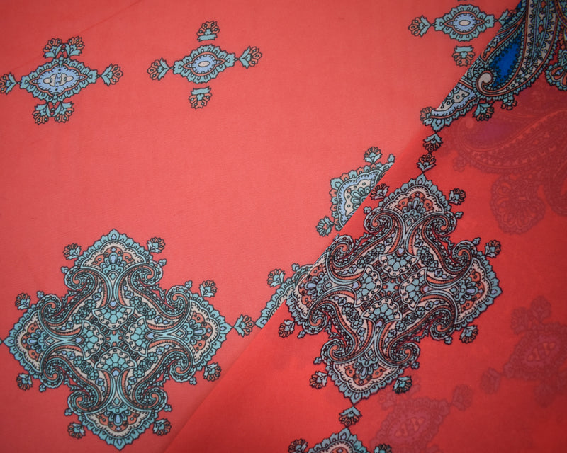 3 YD PC-Red-Blue-Multi Poly Paisely Border Printed Chiffon Woven Fabric