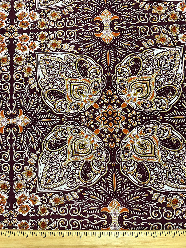 Maroon Multi Paisley Print Poly Crepe de Chine Fabric
