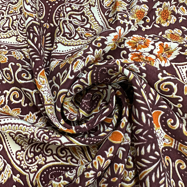 Maroon Multi Paisley Print Poly Crepe de Chine Fabric