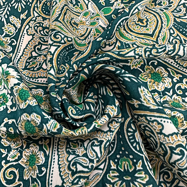 3 1/4 YD PC-Green Multi Paisley Print Poly Crepe de Chine Fabric