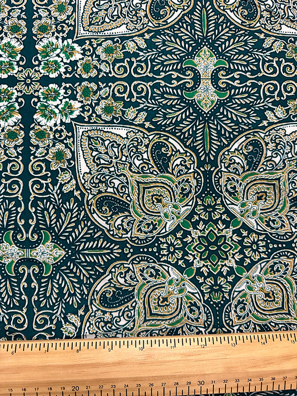 3 1/4 YD PC-Green Multi Paisley Print Poly Crepe de Chine Fabric