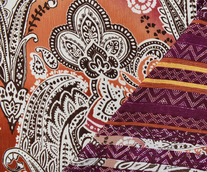 Red-Orange-Multi Poly Paisley Border Printed Crinkled Crepe Woven Fabric