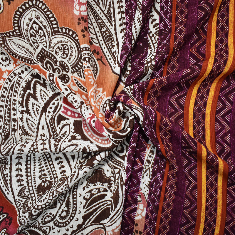 Red-Orange-Multi Poly Paisley Border Printed Crinkled Crepe Woven Fabric