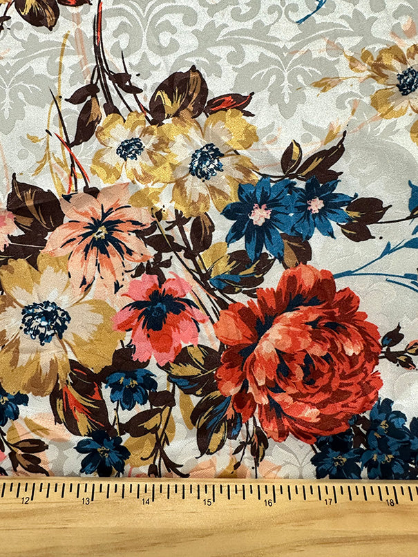 Cream Floral Print Stretch Satin Jacquard Fabric