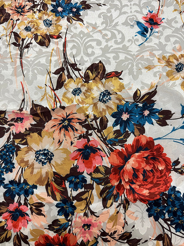 Cream Floral Print Stretch Satin Jacquard Fabric