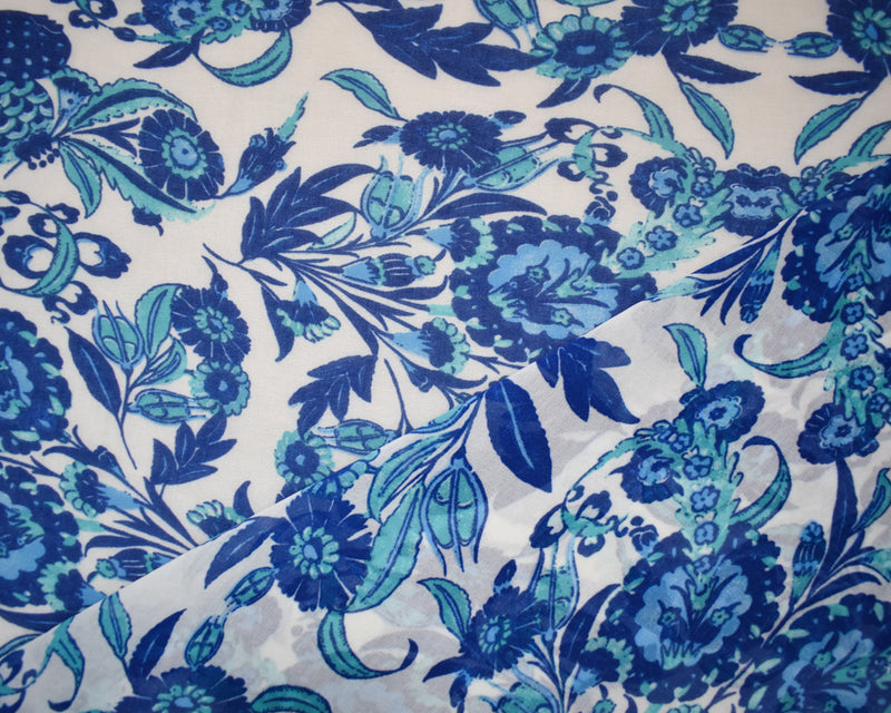 Blue-White-Multi Poly Floral Paisley Border Print Chiffon Woven Fabric